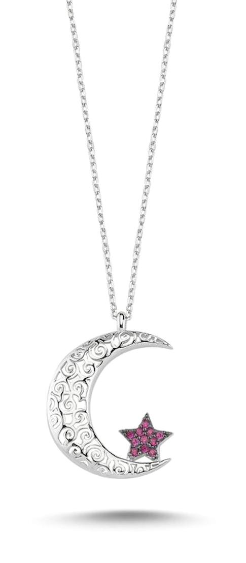 Silverlina Ay Yıldızlı Mor Zirkon Taşlı 925 Ayar Kararmayan Forse Zincir Kadın Gümüş Kolye 45 cm