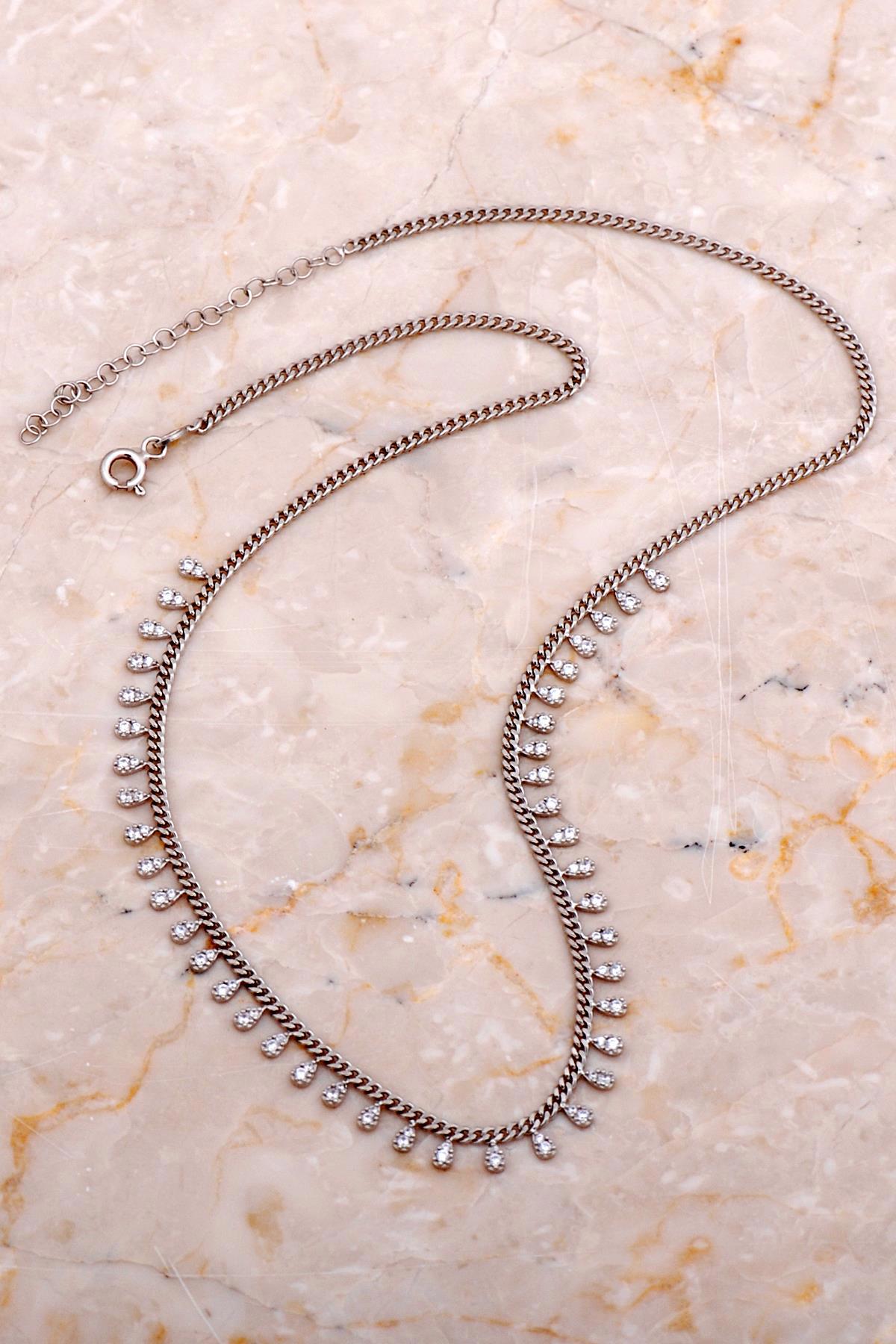 Sümer Telkari Choker Beyaz Zirkon Taşlı Kararmayan Forse Zincir Kadın Gümüş Kolye 48 cm