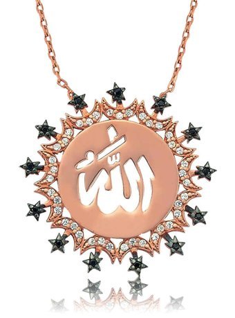 Gumush Allah Yazılı Yuvarlak Beyaz - Siyah Zirkon Taşlı 925 Ayar Altın Kaplama Kararmayan Forse Zincir Kadın Gümüş Kolye 45 cm