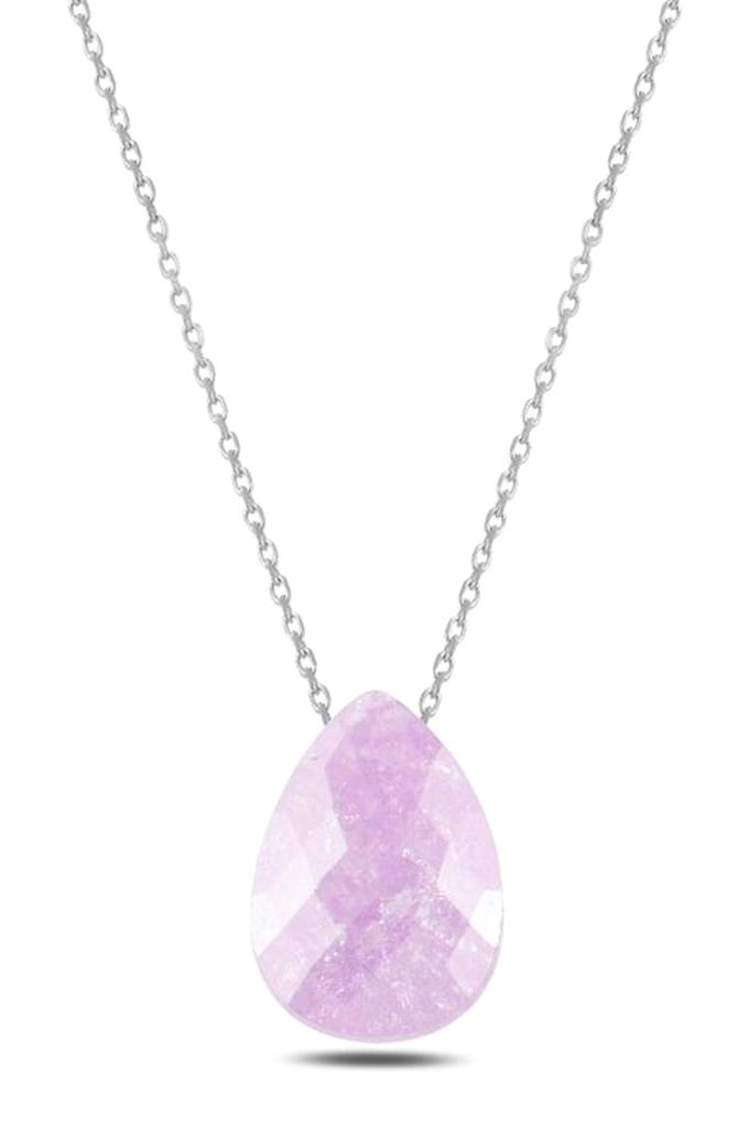 Silverlina Damla Pembe Zirkon Taşlı 925 Ayar Kararmayan Forse Zincir Kadın Gümüş Kolye 45 cm