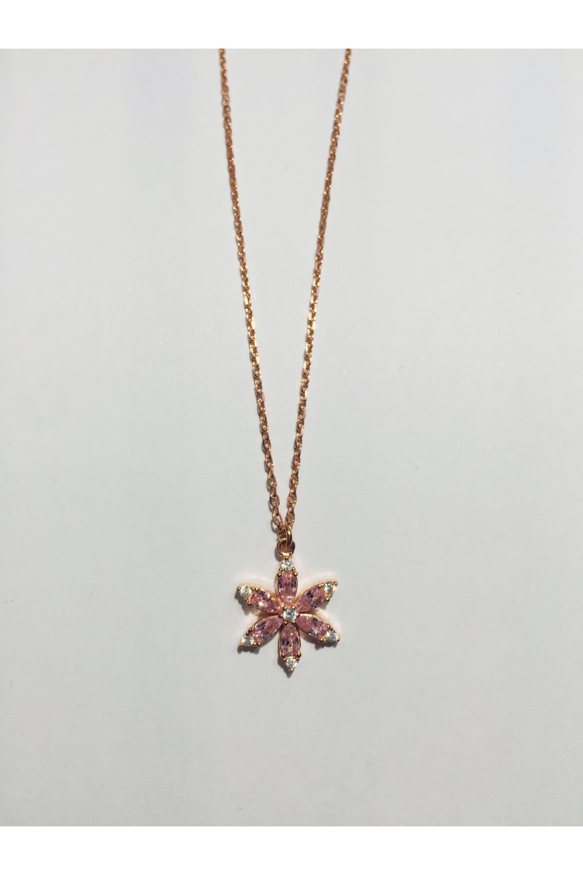 Nuovo Jewellery Çiçekli Beyaz-Pembe Zirkon Taşlı 925 Ayar Altın Kaplama Kararmayan Forse Zincir Kadın Gümüş Kolye 45 cm