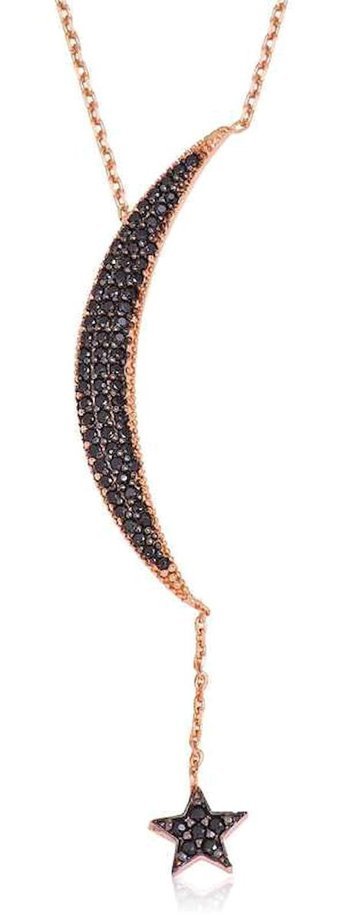 Gumush Ay Yıldızlı Siyah Zirkon Taşlı 925 Ayar Altın Kaplama Kararmayan Forse Zincir Kadın Gümüş Kolye 45 cm
