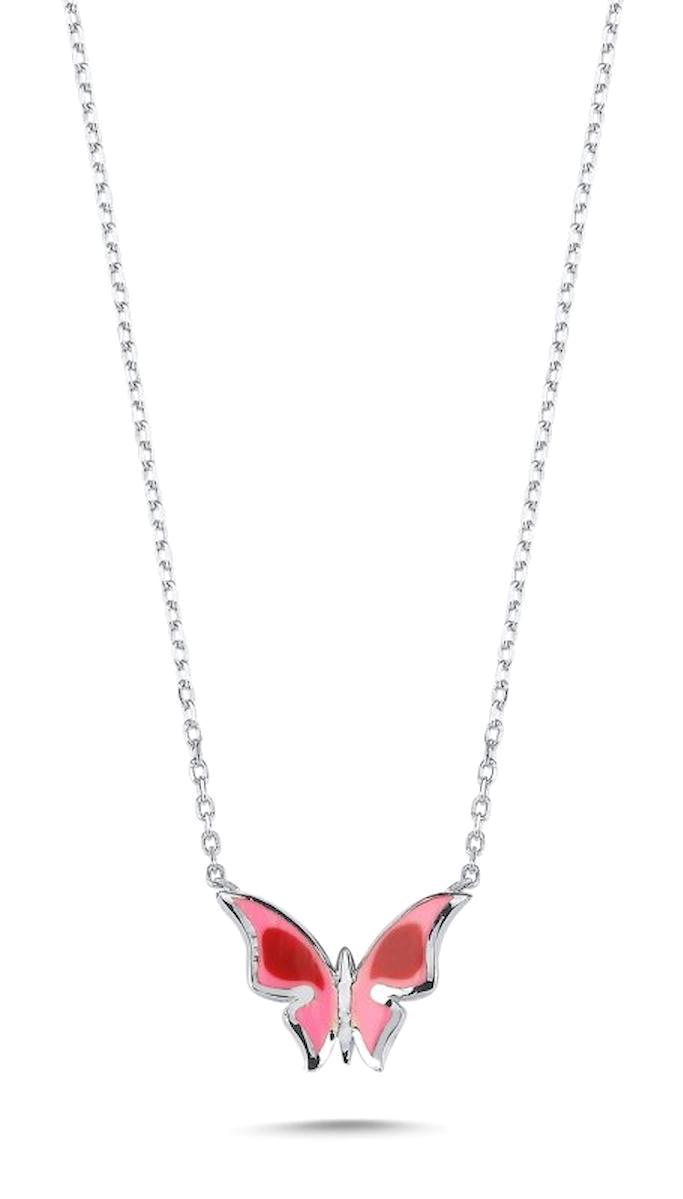 Silverlina Mineli Kelebekli Pembe Mine Taşlı 925 Ayar Kararmayan Forse Zincir Kadın Gümüş Kolye 45 cm