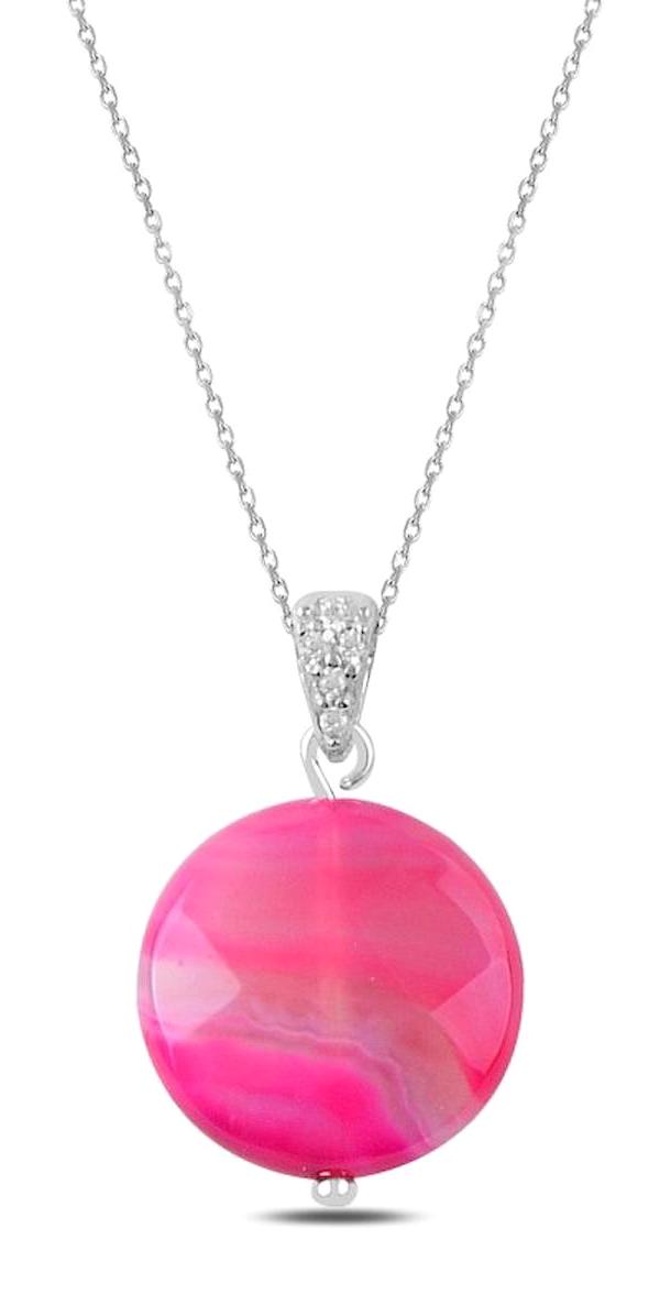 Silverlina Yuvarlak Pembe Taşlı 925 Ayar Kararmayan Forse Zincir Kadın Gümüş Kolye 45 cm