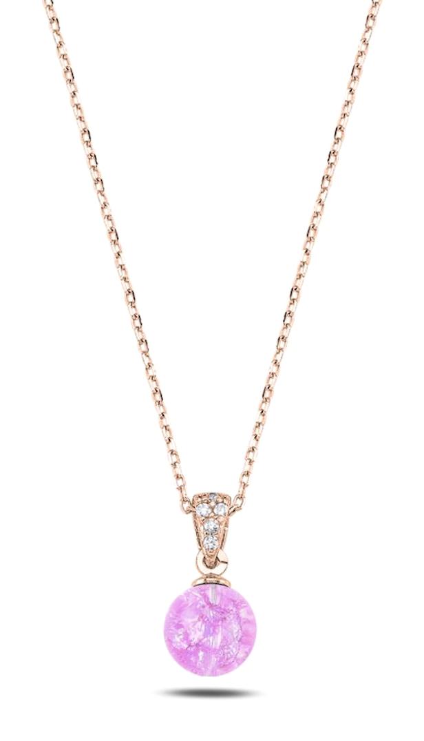 Silverlina Küre Pembe Zirkon Taşlı 925 Ayar Kararmayan Forse Zincir Kadın Gümüş Kolye 45 cm
