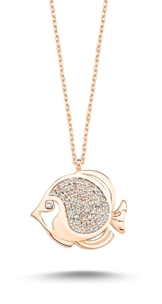 Silverlina Balıklı Beyaz Zirkon Taşlı 925 Ayar Altın Kaplama Kararmayan Arpa Zincir Kadın Gümüş Kolye 45 cm