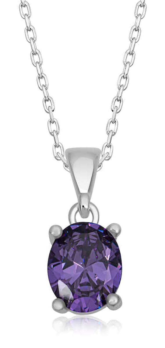 Hediye Paketim Oval Mor Kristal Taşlı 925 Ayar Kararmayan Forse Zincir Kadın Gümüş Kolye 45 cm