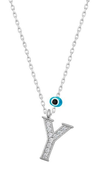 Gumush Nazar Boncuklu Beyaz Zirkon Taşlı Y Harfli 925 Ayar Kararmayan Forse Zincir Kadın Gümüş Kolye 45 cm