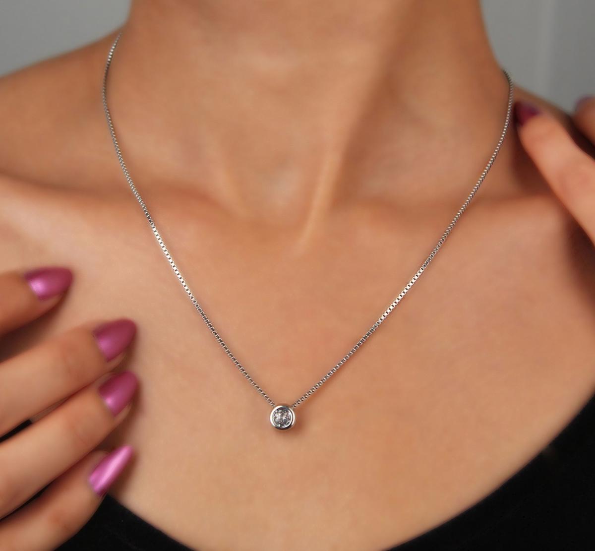 Tahal Kuyumculuk Beyaz Swarovski Taşlı 925 Ayar Kararmayan Arnavut Zincir Kadın Gümüş Kolye 45 cm
