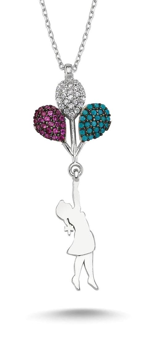 Chavin Jewelry Balon Tutan Kız Beyaz Zirkon Taşlı 925 Ayar Kararmayan Forse Zincir Kadın Gümüş Kolye 45 cm