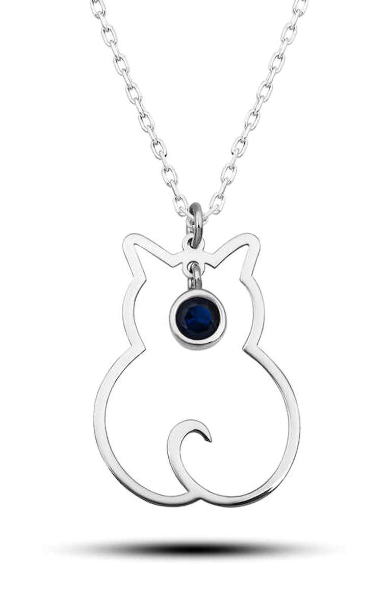 Silverlina Kedili Lacivert Safir Taşlı 925 Ayar Kararmayan Forse Zincir Kadın Gümüş Kolye 45 cm
