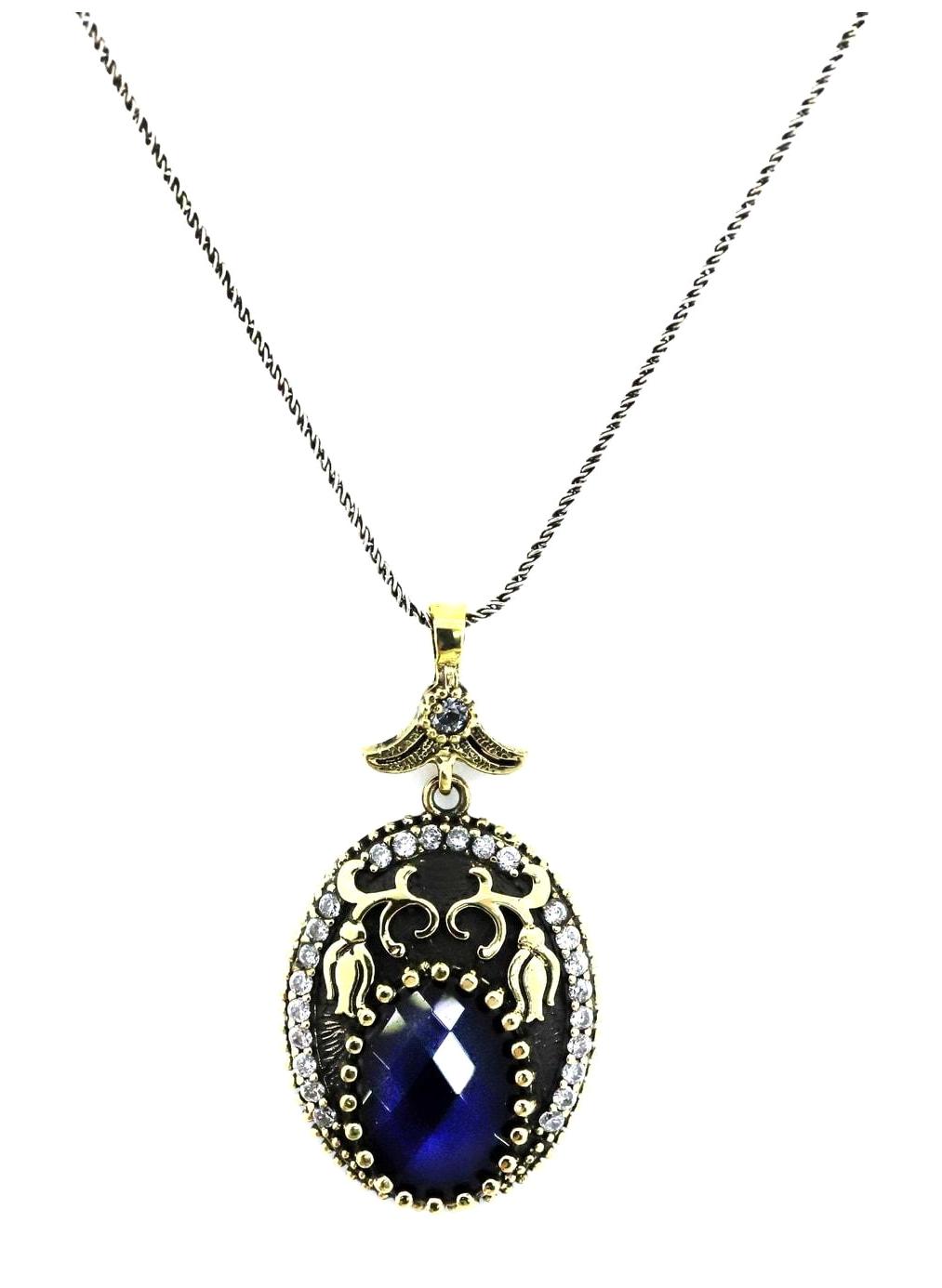 Sahra Gümüş Oval Lacivert Safir Taşlı 925 Ayar Kararmayan Halat Zincir Kadın Gümüş Kolye 45 cm