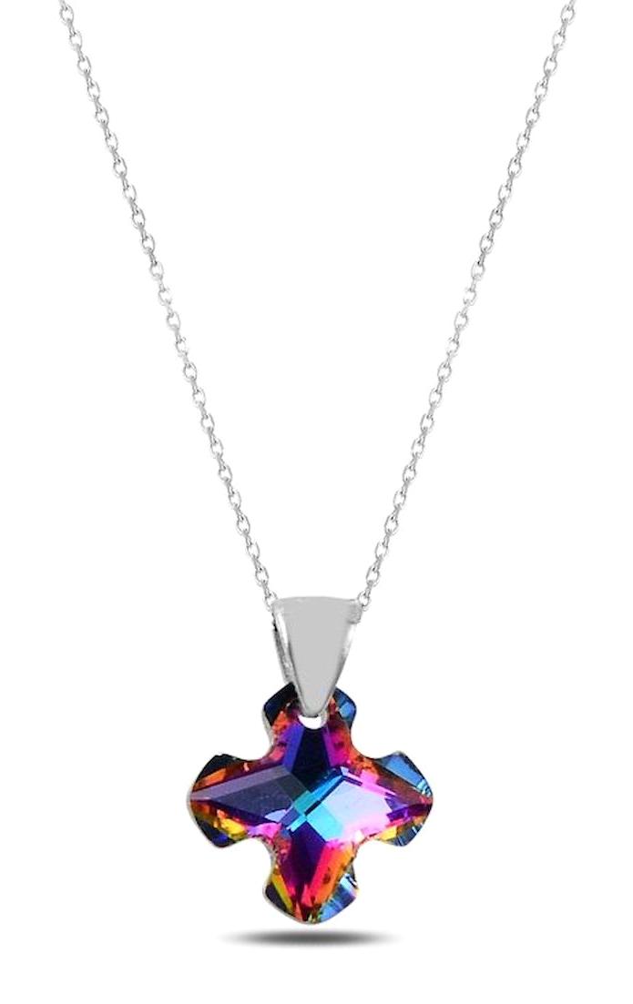 Silverlina Papatyalı Çok Renkli Kristal Taşlı 925 Ayar Kararmayan Forse Zincir Kadın Gümüş Kolye 45 cm