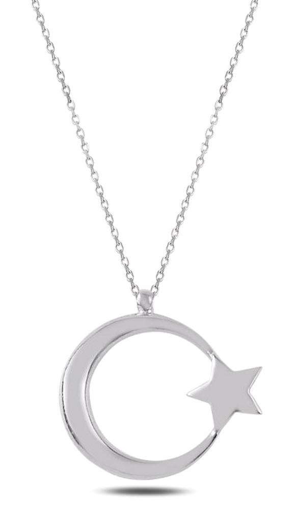 Silverlina Ay Yıldızlı 925 Ayar Kararmayan Forse Zincir Gümüş Kolye 45 cm