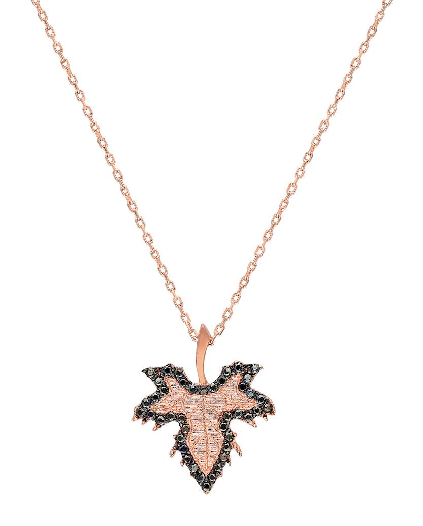 Chavin Jewelry Çınar Yapraklı Siyah Zirkon Taşlı Altın Kaplama Kararmayan Forse Zincir Kadın Gümüş Kolye 45 cm