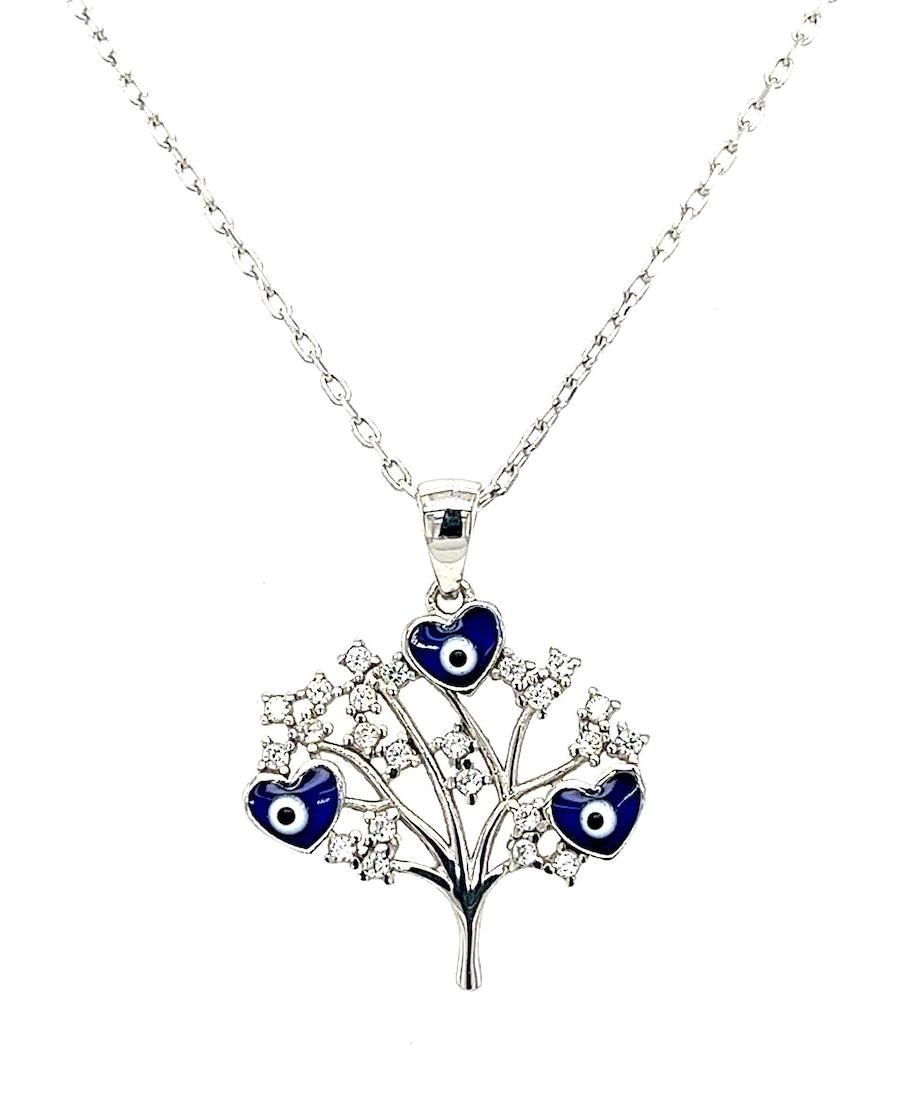 Tahal Kuyumculuk Hayat Ağaçlı Beyaz-Mavi Swarovski Taşlı 925 Ayar Kararmayan Forse Zincir Kadın Gümüş Kolye 45 cm