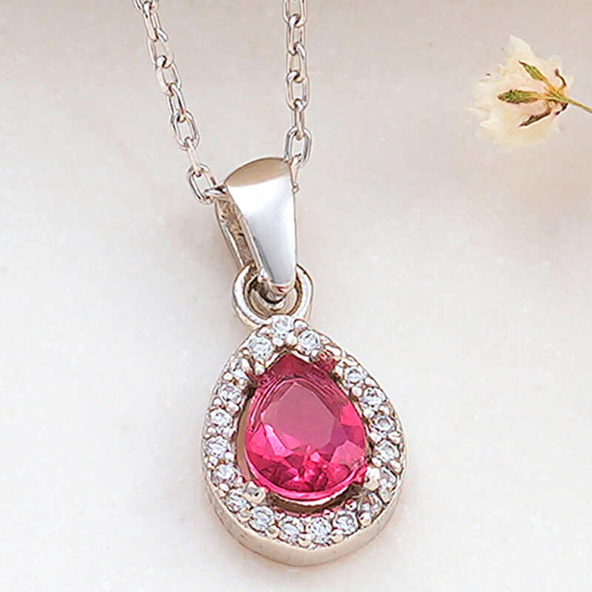 Gumush Damla Beyaz-Pembe Zirkon Taşlı 925 Ayar Kararmayan Forse Zincir Kadın Gümüş Kolye 45 cm