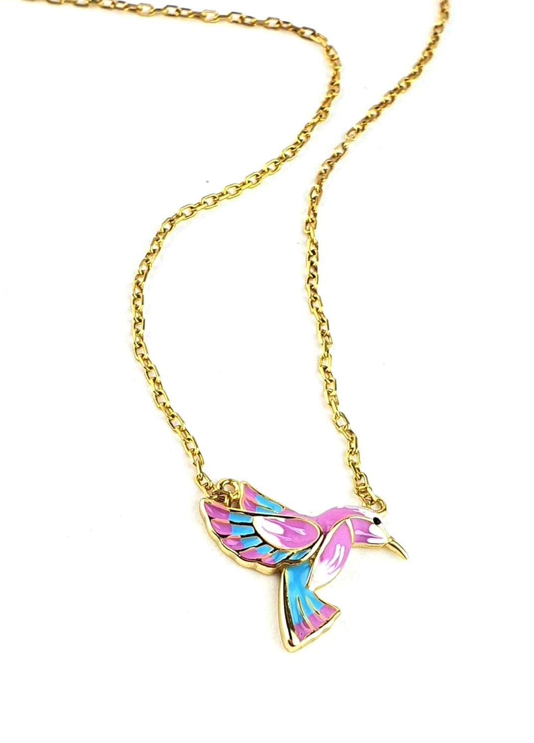 Oseshop Totem Kuşlu Pembe Mine Taşlı 925 Ayar Altın Kaplama Kararmayan Forse Zincir Kadın Gümüş Kolye 45 cm