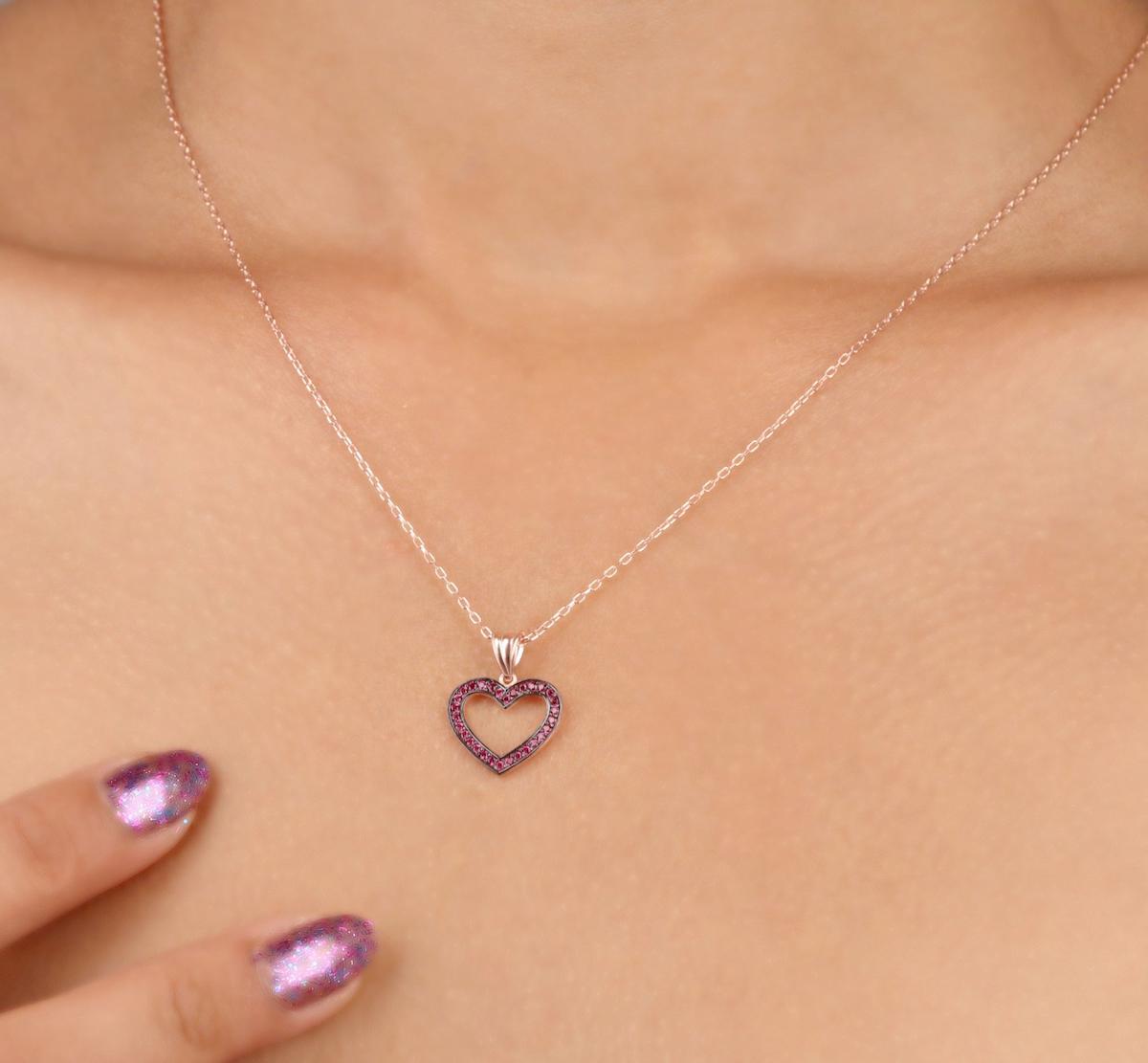 Tahal Kuyumculuk Kalpli Kırmızı Swarovski Taşlı 925 Ayar Altın Kaplama Kararmayan Forse Zincir Kadın Gümüş Kolye 45 cm
