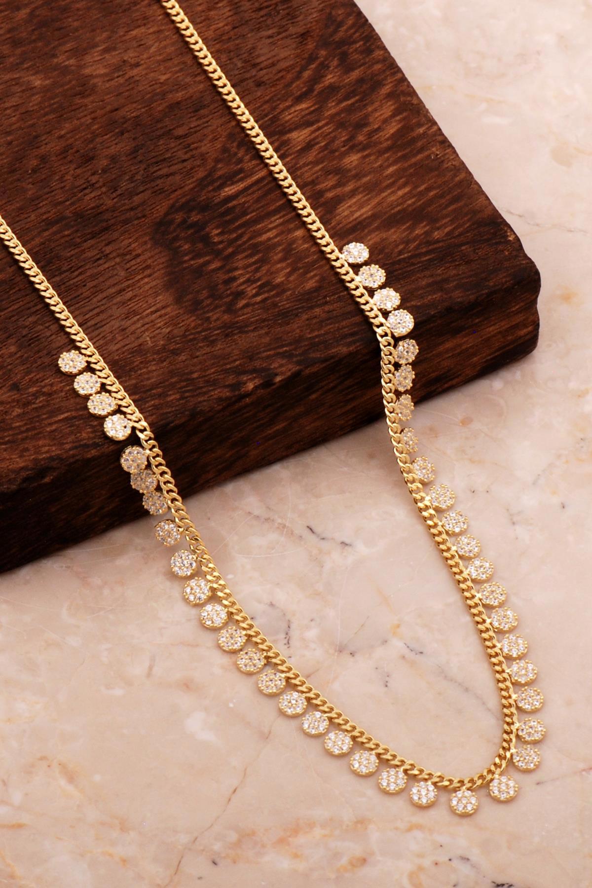 Sümer Telkari Choker Beyaz Zirkon Taşlı 925 Ayar Altın Kaplama Kararmayan Yassı Zincir Kadın Gümüş Kolye 42 cm