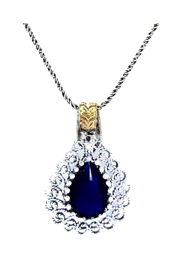 Sahra Gümüş Burma Lacivert Safir Taşlı Kararmayan Halat Zincir Kadın Gümüş Kolye 45 cm