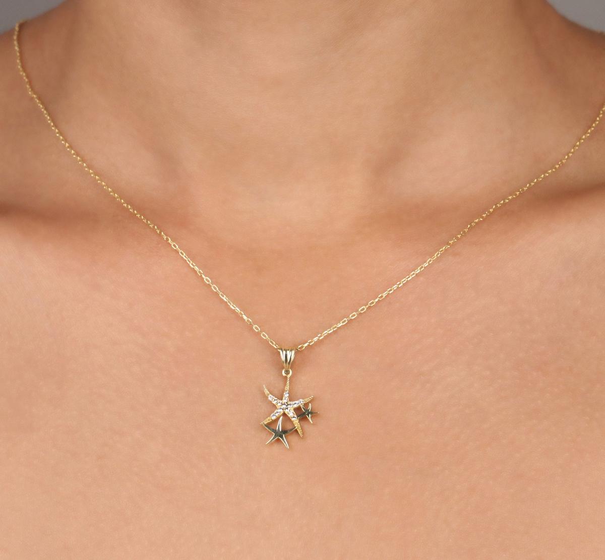Tahal Kuyumculuk Deniz Yıldızlı Beyaz Swarovski Taşlı 925 Ayar Altın Kaplama Kararmayan Forse Zincir Kadın Gümüş Kolye 45 cm
