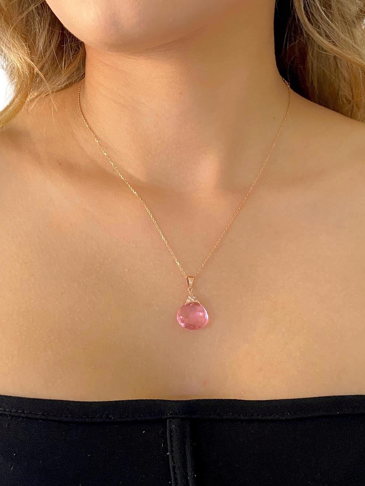 MaGümüş Damlalı Pembe Kuvars Taşlı 925 Ayar Altın Kaplama Kararmayan Forse Zincir Kadın Gümüş Kolye 45 cm