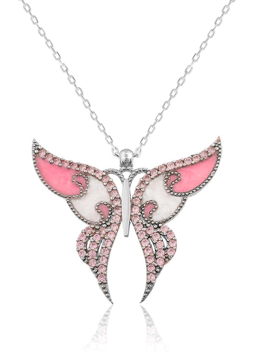 Hediye Paketim Kelebekli Beyaz-Pembe Zirkon Taşlı 925 Ayar Kararmayan Forse Zincir Kadın Gümüş Kolye 45 cm