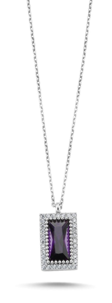 Silverlina Baget Mor Zirkon Taşlı 925 Ayar Kararmayan Forse Zincir Kadın Gümüş Kolye 45 cm