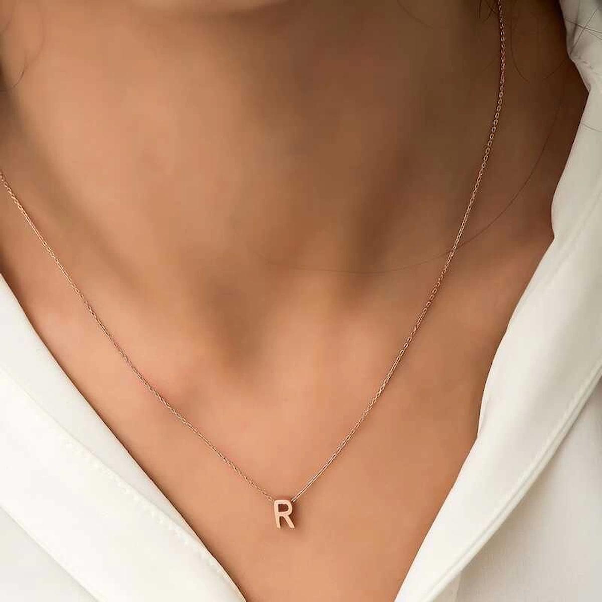 Gumush R Harfli Kararmayan Zincir Kadın Gümüş Kolye 45 cm