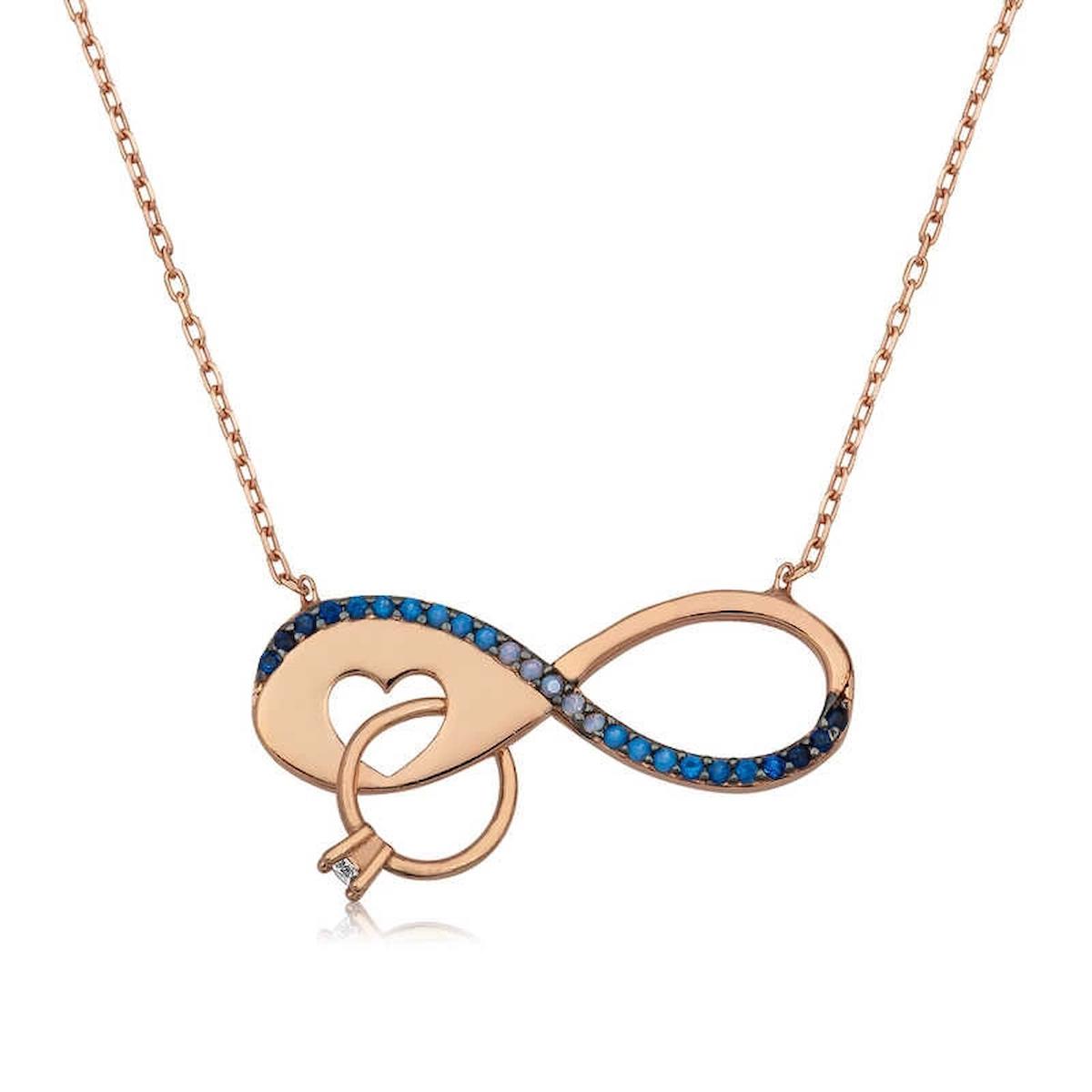 Gumush Mavi Taşlı 925 Ayar Altın Kaplama Kararmayan Zincir Kadın Gümüş Kolye 45 cm