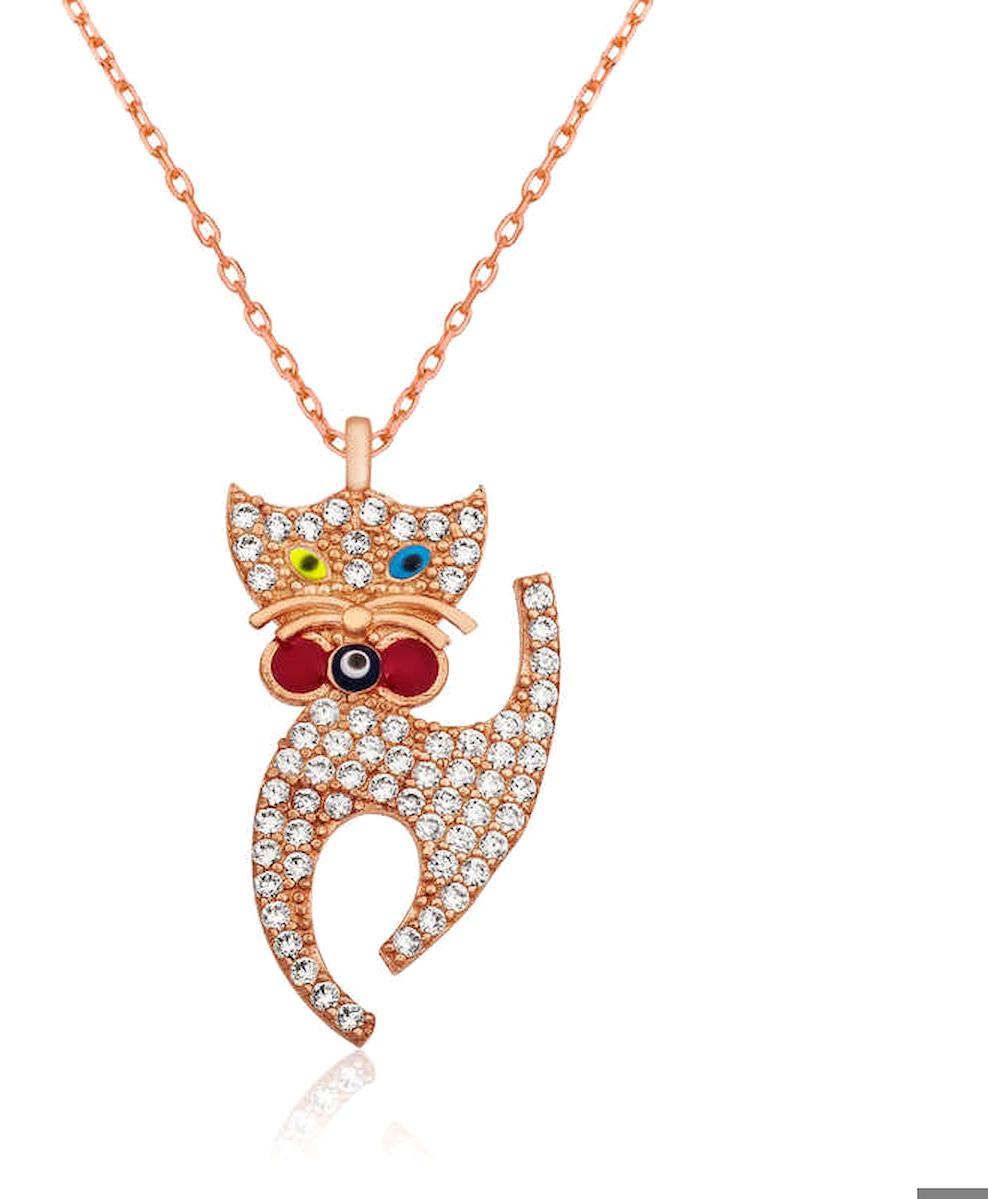 Stillove Kedi Çok Renkli Kararmayan Düz Zincir Kadın Gümüş Kolye 45 cm