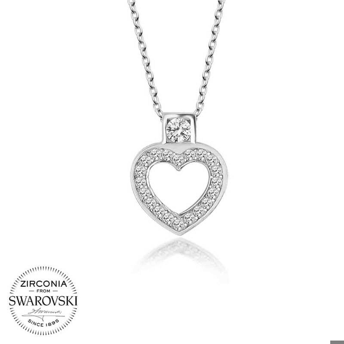 Ebuz Kalpli Beyaz Swarovski Taşlı 925 Ayar Kararmayan Kalp Düz Zincir Kadın Gümüş Kolye 50 cm