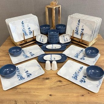 Demet Çeyiz Blue Magic 34 Parça 12 Kişilik Desenli Porselen Dikdörtgen Yemek Takımı