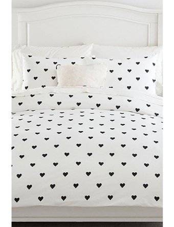 Mulberry Heart Pamuk 160x200 cm Lastikli Çarşaflı Kalpli Tek Kişilik Nevresim Takımı Beyaz - Siyah