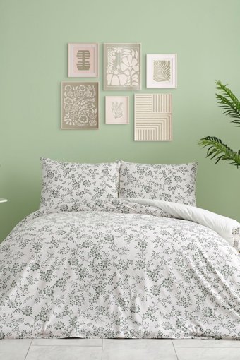 Doqu Home Belinda Easy Cotton Pamuk 160x220 cm Çarşaflı Çiçekli Tek Kişilik Nevresim Takımı Beyaz - Yeşil