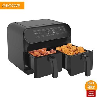 Groove Max Plus Airfryer 8 lt İki Hazneli Led Ekranlı Yağsız Sıcak Hava Fritözü Siyah