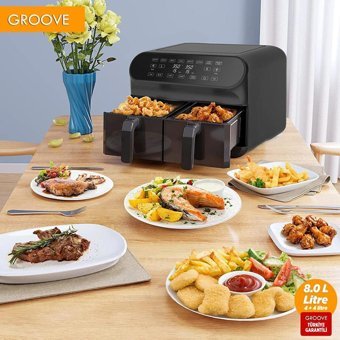 Groove Max Plus Airfryer 8 lt İki Hazneli Led Ekranlı Yağsız Sıcak Hava Fritözü Siyah