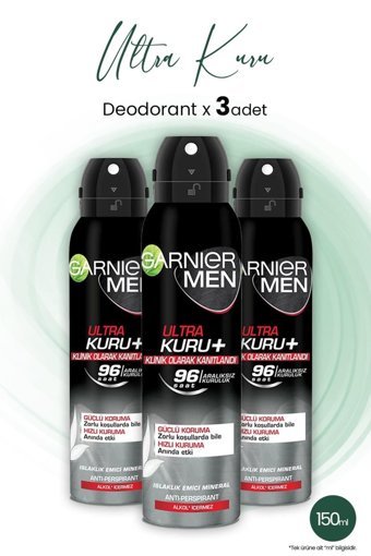 Garnier Ultra Kuru Pudrasız Ter Önleyici Antiperspirant Sprey Erkek Deodorant 3x150 ml