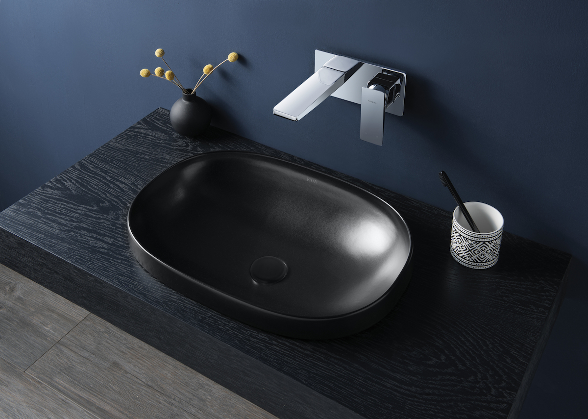 Vitra Frame Dekoratif Tekli 56 cm Seramik Tezgah Üstü Oval Lavabo Mat Siyah