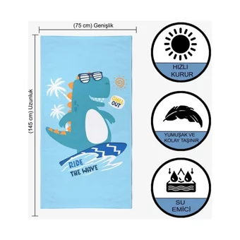 Vevien Home Surf Dino Pamuklu Çocuk Plaj Havlusu Açık Turkuaz