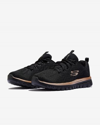 Skechers Graceful Get Connected 12615-BKRG Ortopedik Bağcıklı Kadın Antrenman Ayakkabısı Siyah