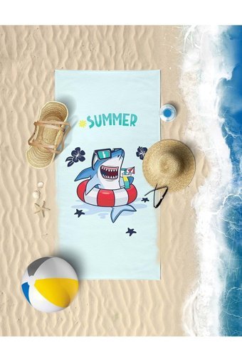 Vevienhome Shark Pamuklu Çocuk Plaj Havlusu Mavi