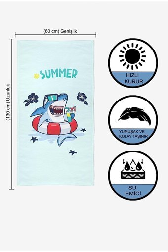 Vevienhome Shark Pamuklu Çocuk Plaj Havlusu Mavi