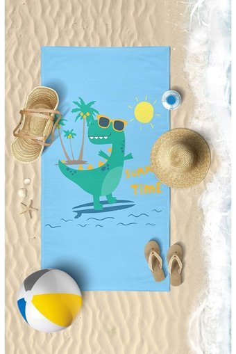 Vevienhome Surf Dino 2 Pamuklu Çocuk Plaj Havlusu Çok Renkli