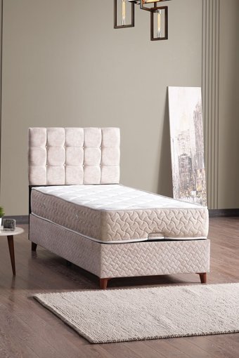 Evdemo Bengü 90 x 190 cm Yataklı Sandıklı Tek Kişilik Baza Seti Krem