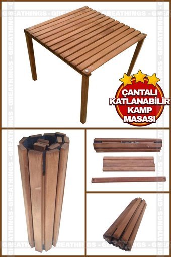 Greathings 60 cm Çantalı Kare Ahşap Kahverengi Kamp Maması