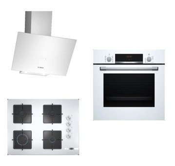 Bosch HBF514BW1T - POP7C2O12O - DWK64PJ20T Dijital Gösterge Doğalgazlı Cam Klasik Set Üstü Davlumbaz 3'lü Ankastre Set Beyaz