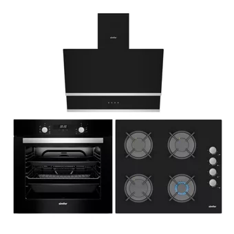 Simfer 3500 - 8678 - 7327 Dijital Gösterge Doğalgazlı Cam Klasik Set Üstü Davlumbaz 3'lü Ankastre Set Siyah