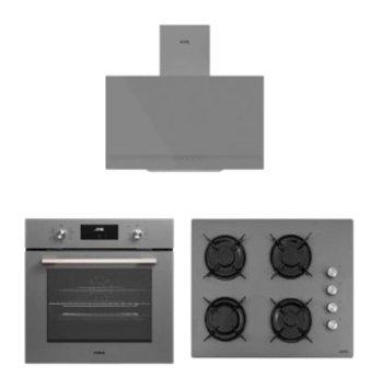 Vestel AD-63330 G - AF-7684 YG - AO-65104 G-DG-T Dijital Gösterge Doğalgazlı Cam Klasik Set Üstü Davlumbaz 3'lü Ankastre Set Gri
